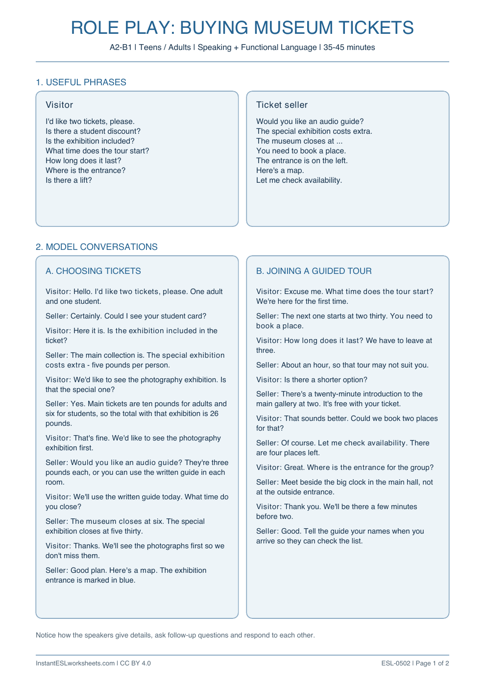 Page 1 of Buying Museum Tickets - Role Play
