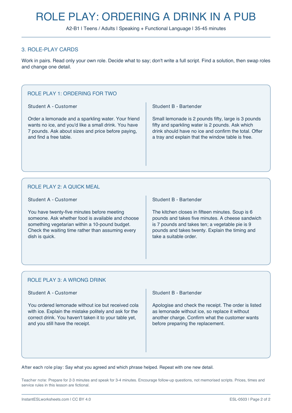 Page 2 of Ordering a Drink in a Pub - Role Play