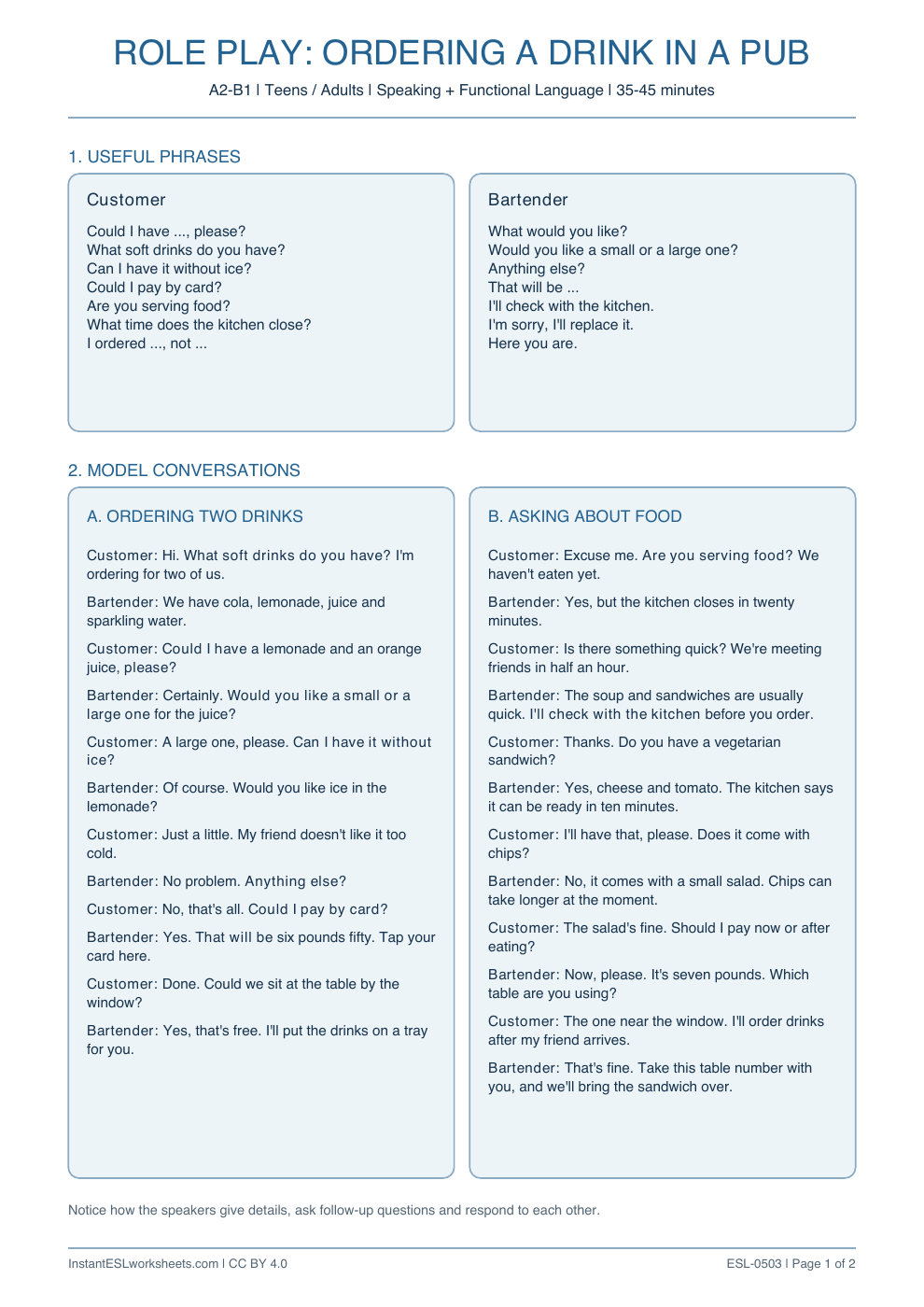 Page 1 of Ordering a Drink in a Pub - Role Play