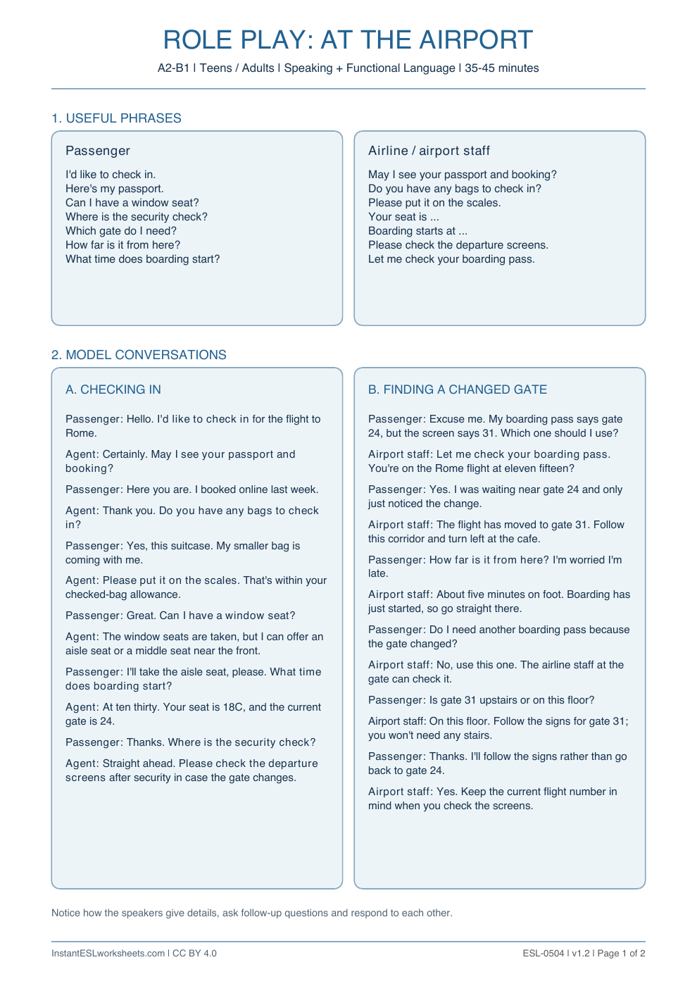 Page 1 of At the Airport - Role Play
