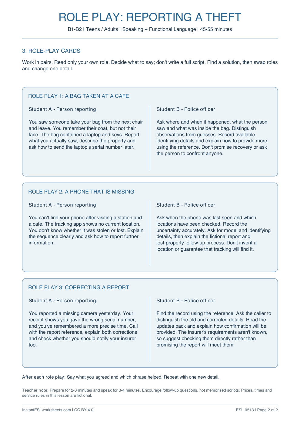 Page 2 of Reporting a Theft - Role Play