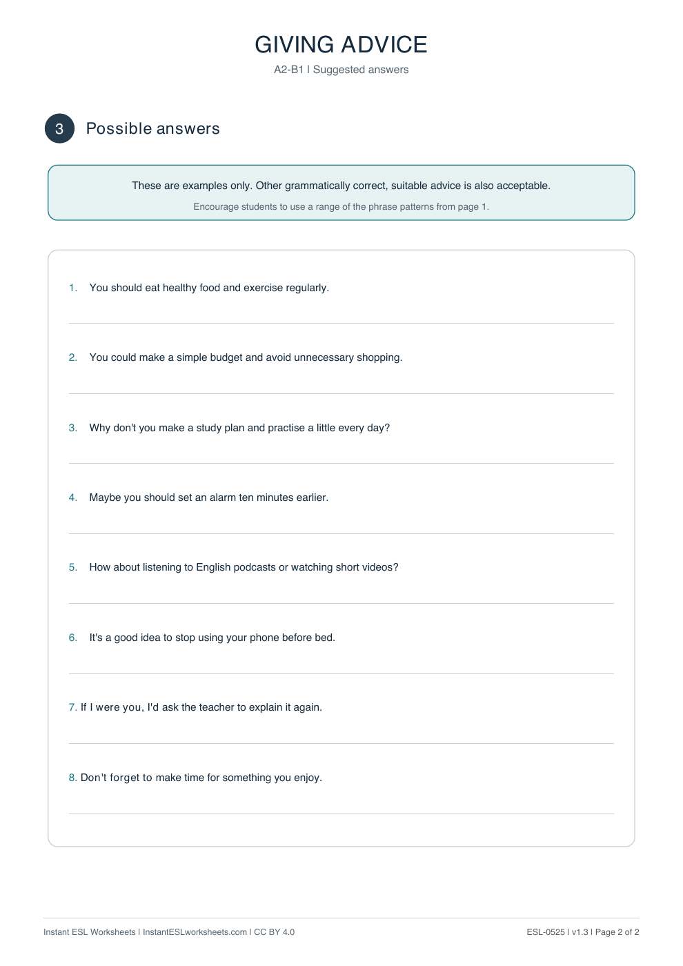 Page 2 of Giving Advice - Functional Language - answer key