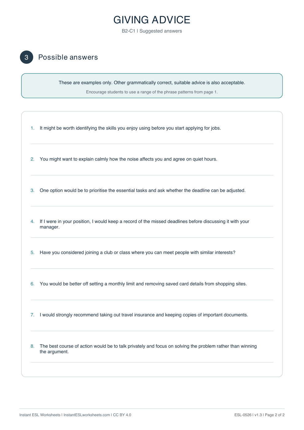 Page 2 of Giving Advice - Functional Language - answer key