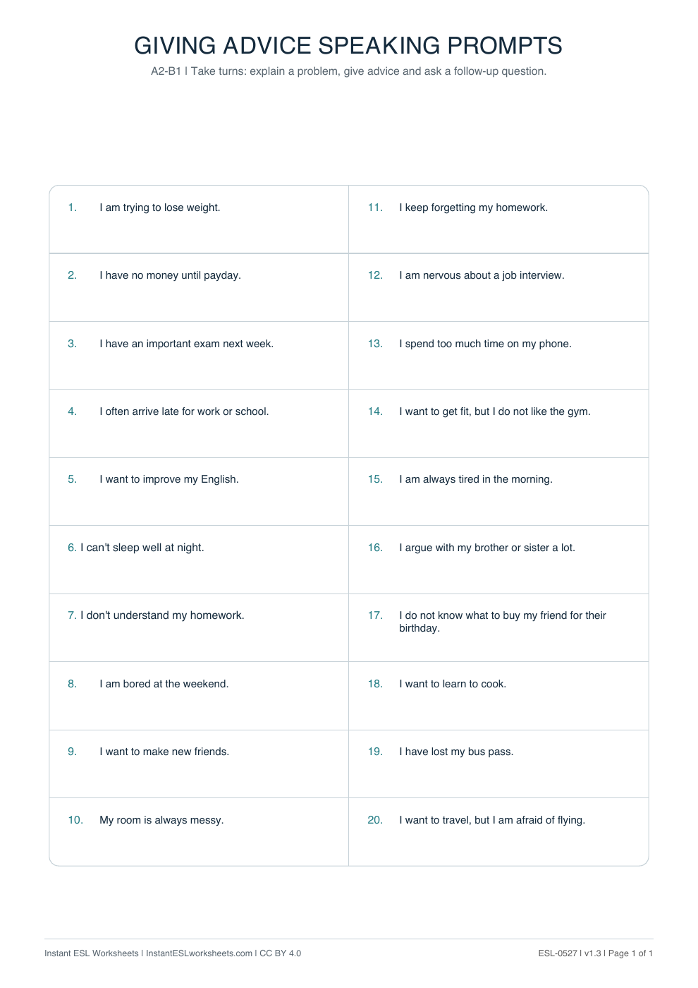 Page 1 of Giving Advice - Speaking Prompts