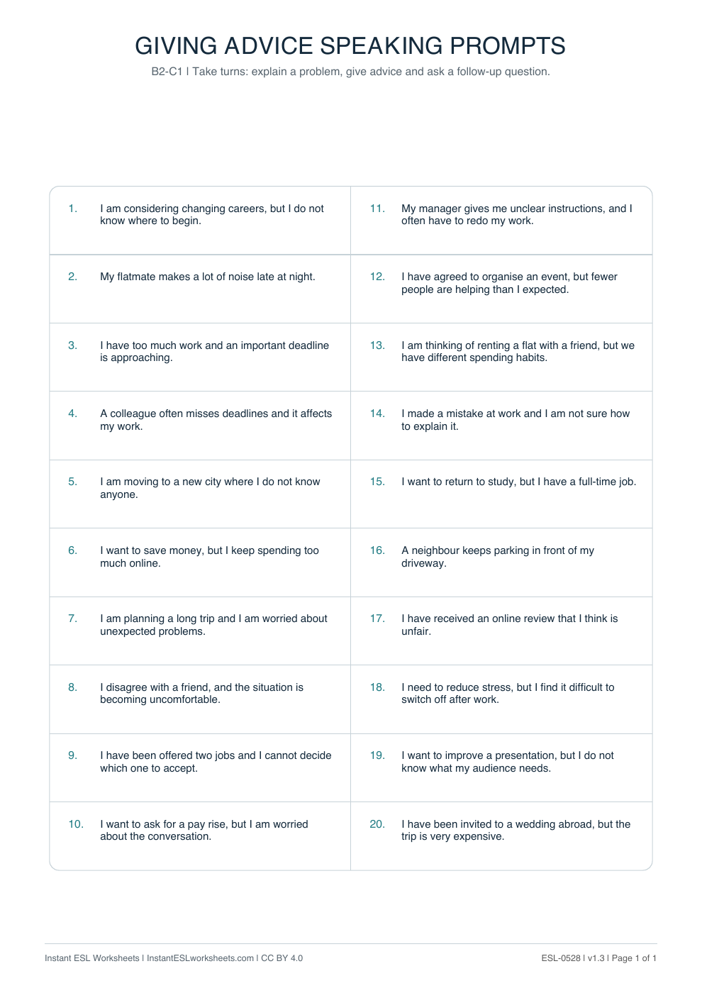 Page 1 of Giving Advice - Speaking Prompts