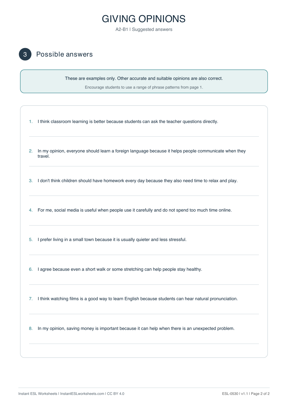 Page 2 of Giving Opinions - Functional Language - answer key