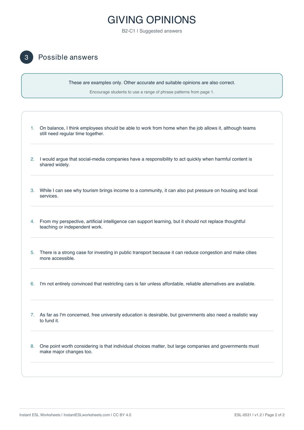 Page 2 of Giving Opinions - Functional Language - answer key