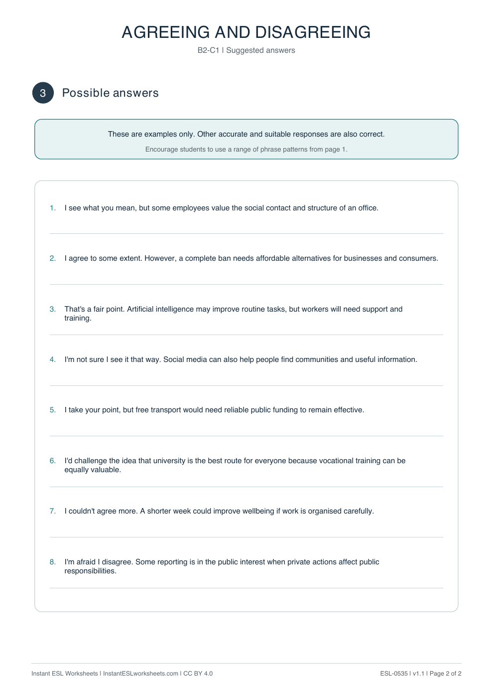 Page 2 of Agreeing and Disagreeing - Functional Language - answer key