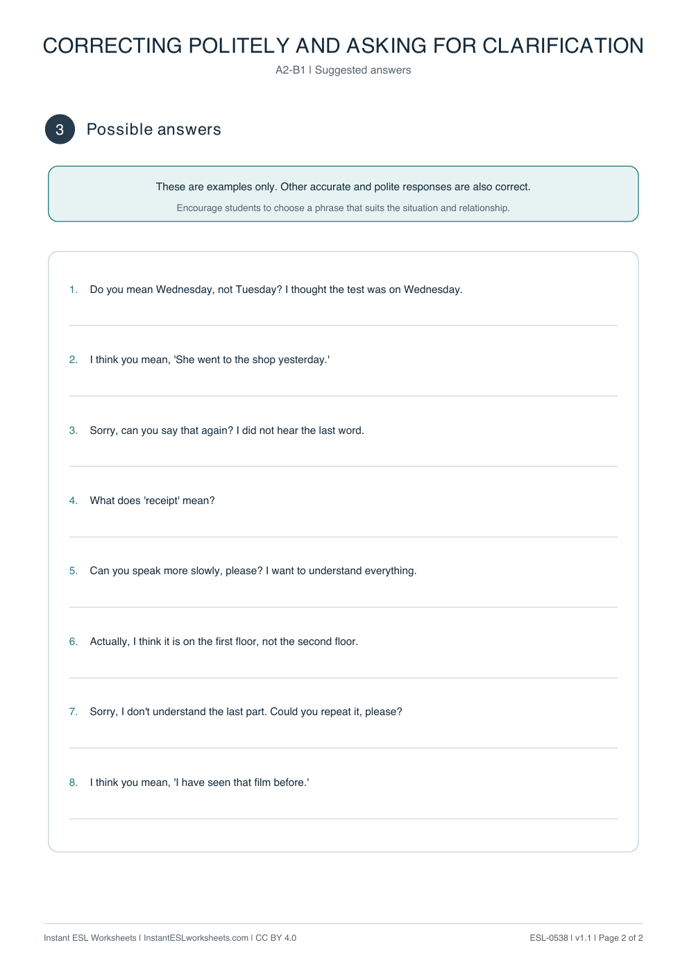Page 2 of Correcting Politely and Asking for Clarification - Functional Language - answer key
