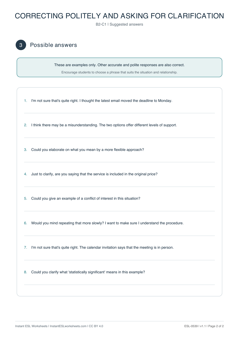 Page 2 of Correcting Politely and Asking for Clarification - Functional Language - answer key