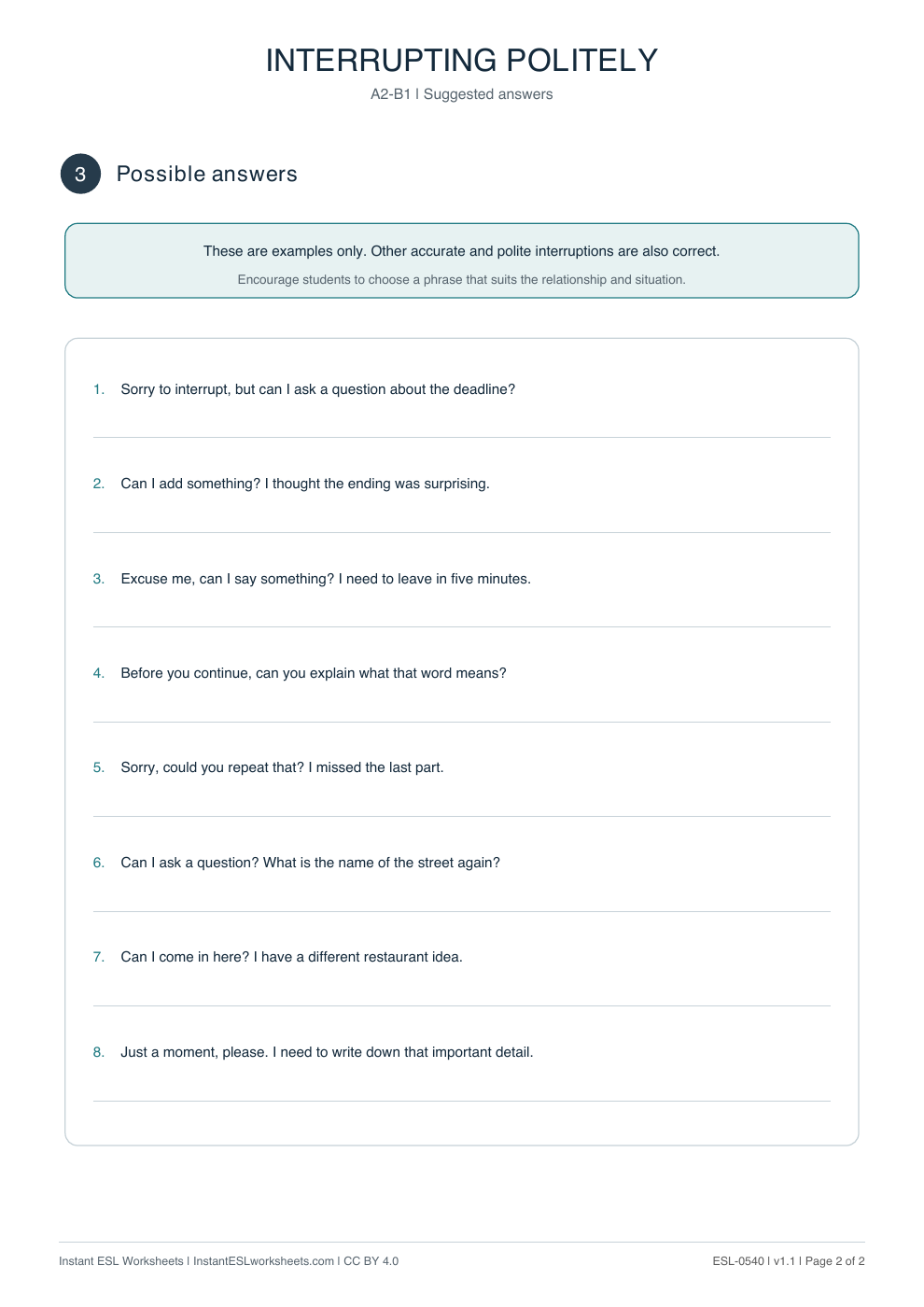 Page 2 of Interrupting Politely - Functional Language - answer key
