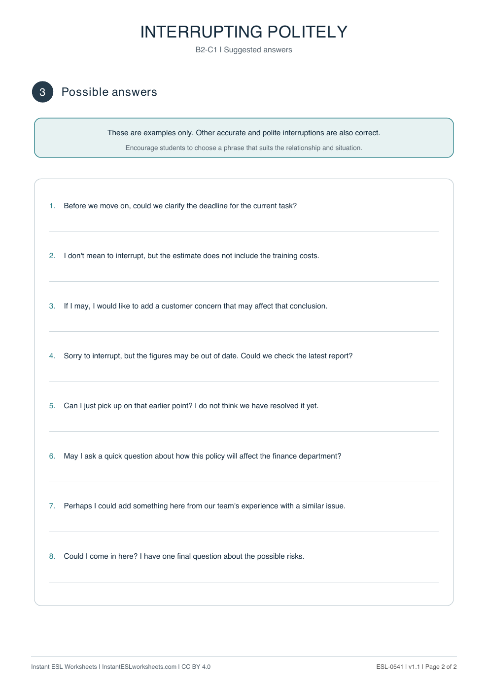 Page 2 of Interrupting Politely - Functional Language - answer key