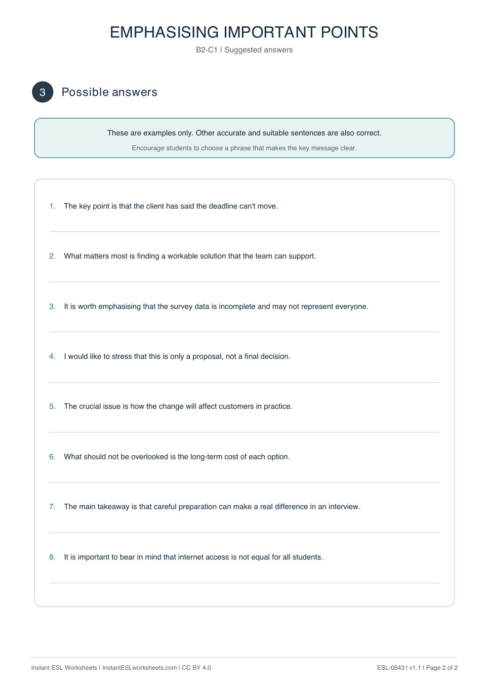 Page 2 of Emphasising Important Points - Functional Language - answer key