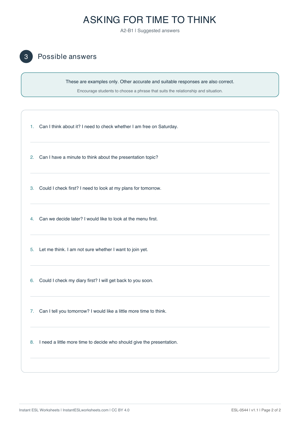 Page 2 of Asking for Time to Think - Functional Language - answer key