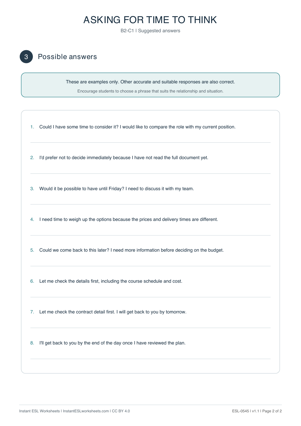 Page 2 of Asking for Time to Think - Functional Language - answer key