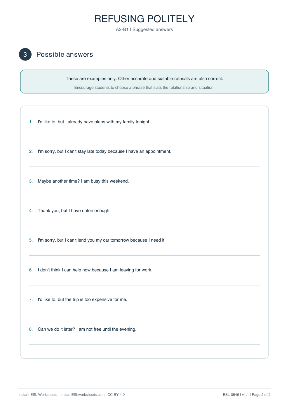Page 2 of Refusing Politely - Functional Language - answer key