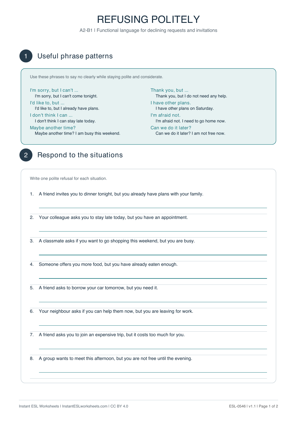 Page 1 of Refusing Politely - Functional Language