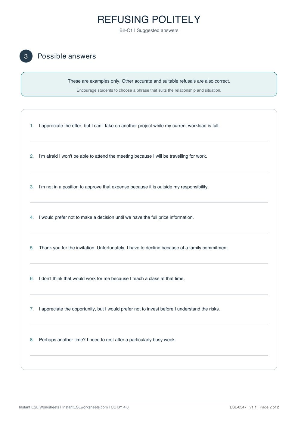Page 2 of Refusing Politely - Functional Language - answer key