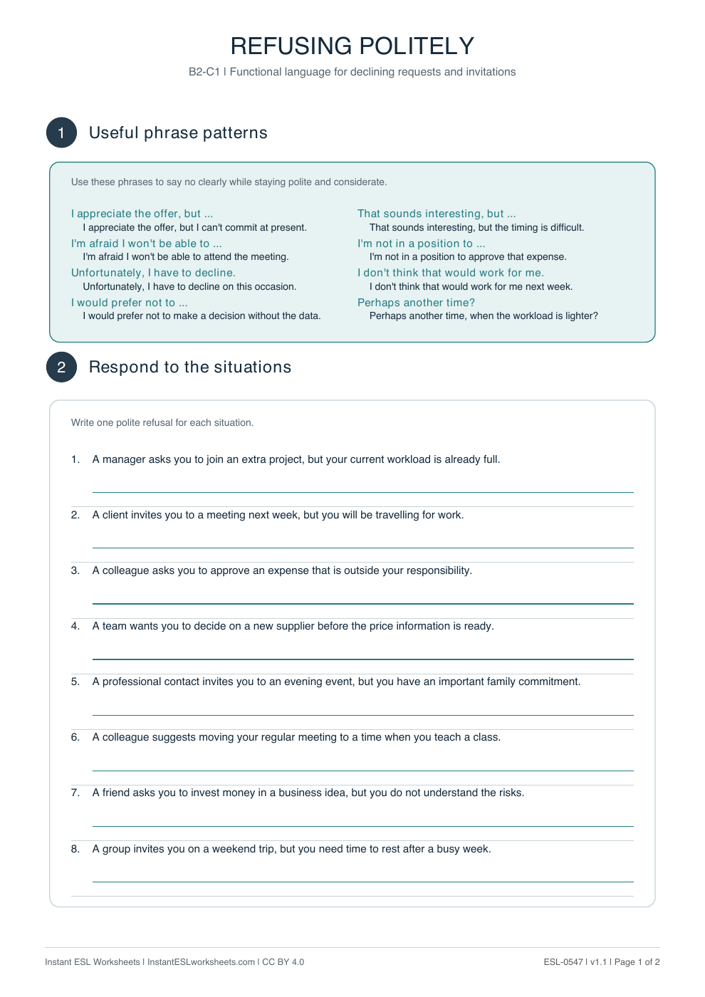 Page 1 of Refusing Politely - Functional Language