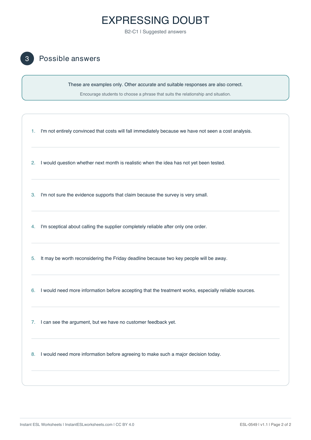 Page 2 of Expressing Doubt - Functional Language - answer key
