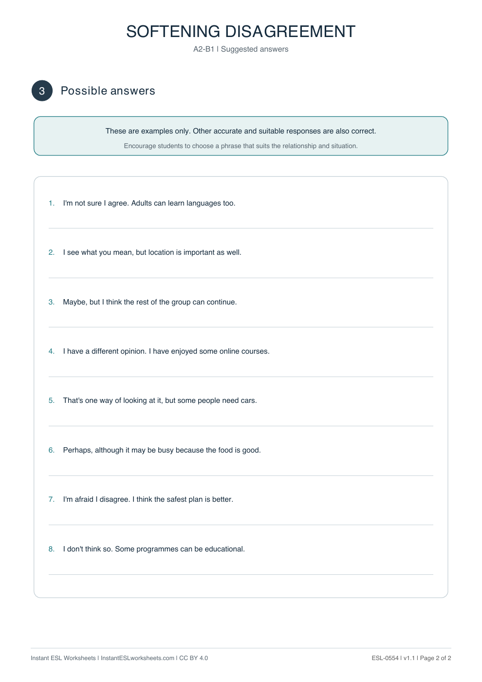 Page 2 of Softening Disagreement - Functional Language - answer key
