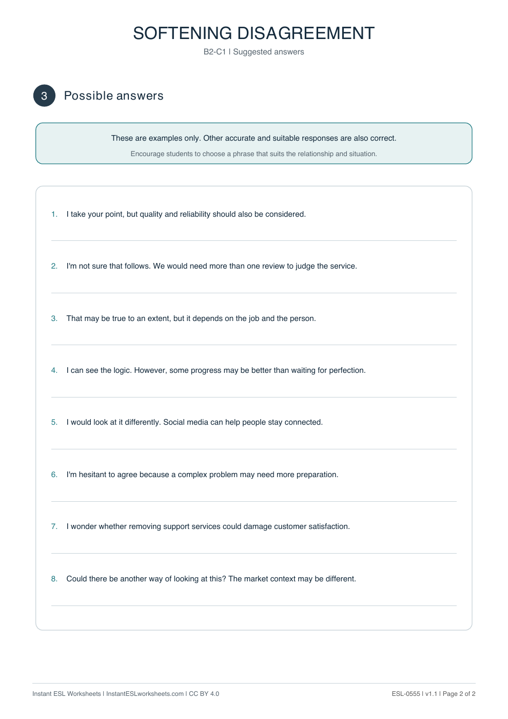Page 2 of Softening Disagreement - Functional Language - answer key
