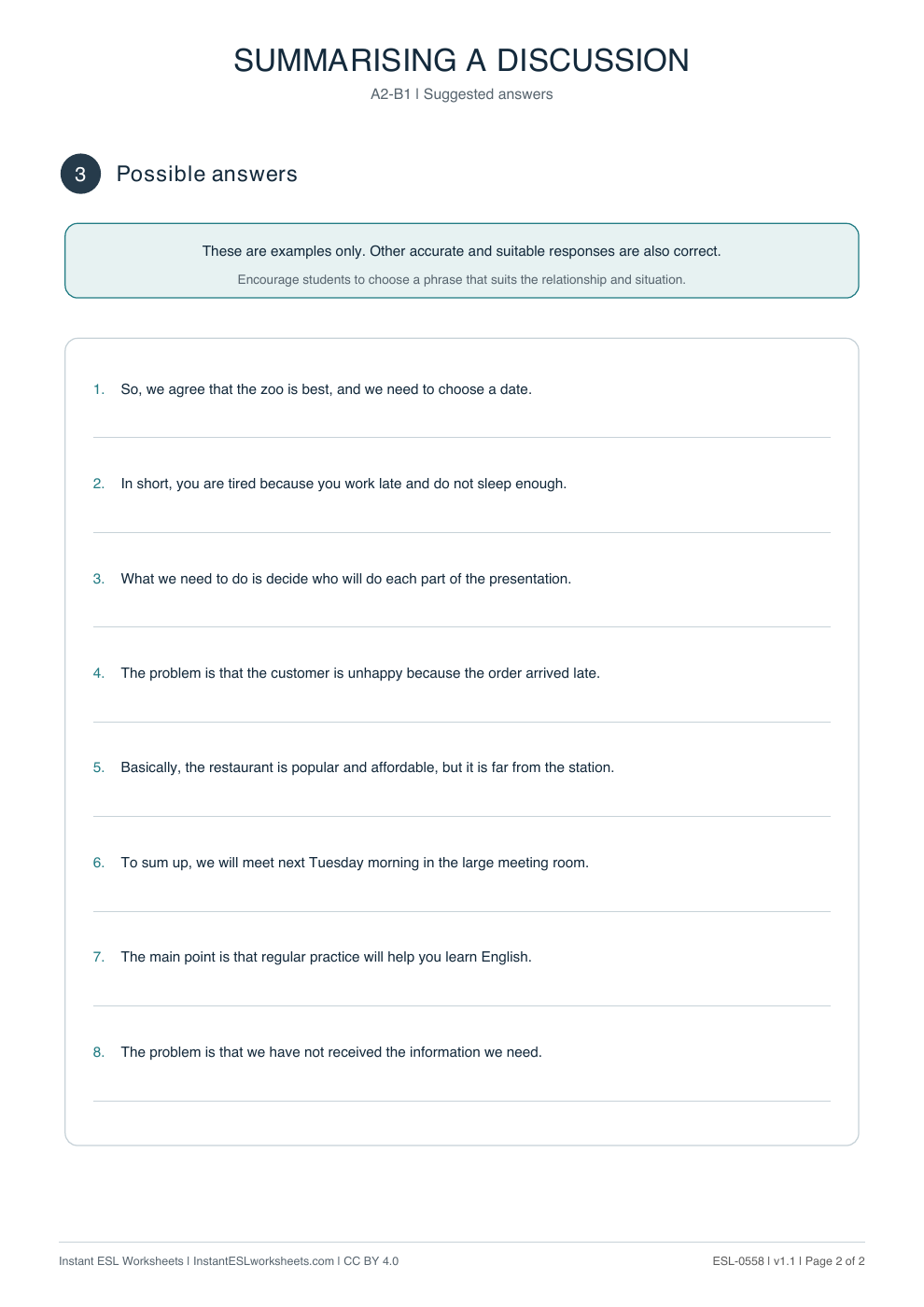 Page 2 of Summarising a Discussion - Functional Language - answer key