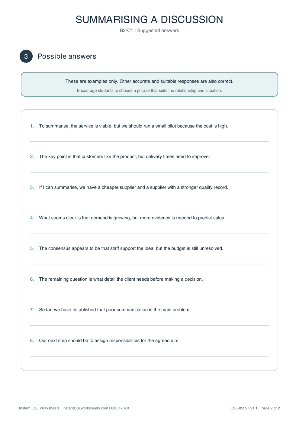 Page 2 of Summarising a Discussion - Functional Language - answer key