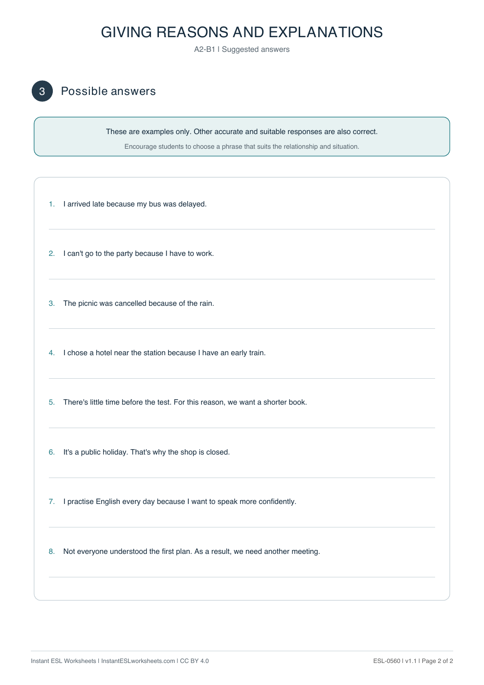 Page 2 of Giving Reasons and Explanations - Functional Language - answer key