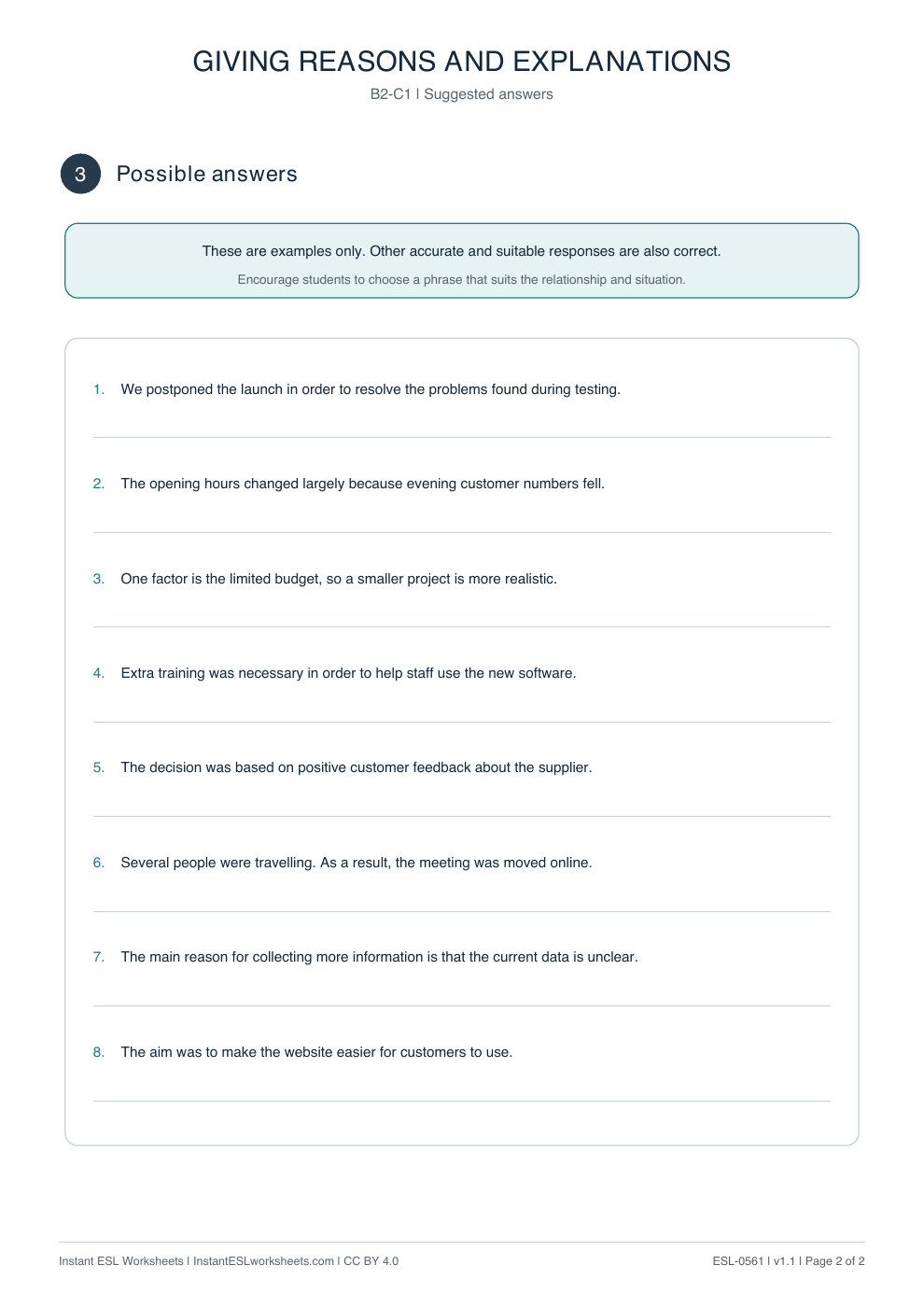 Page 2 of Giving Reasons and Explanations - Functional Language - answer key