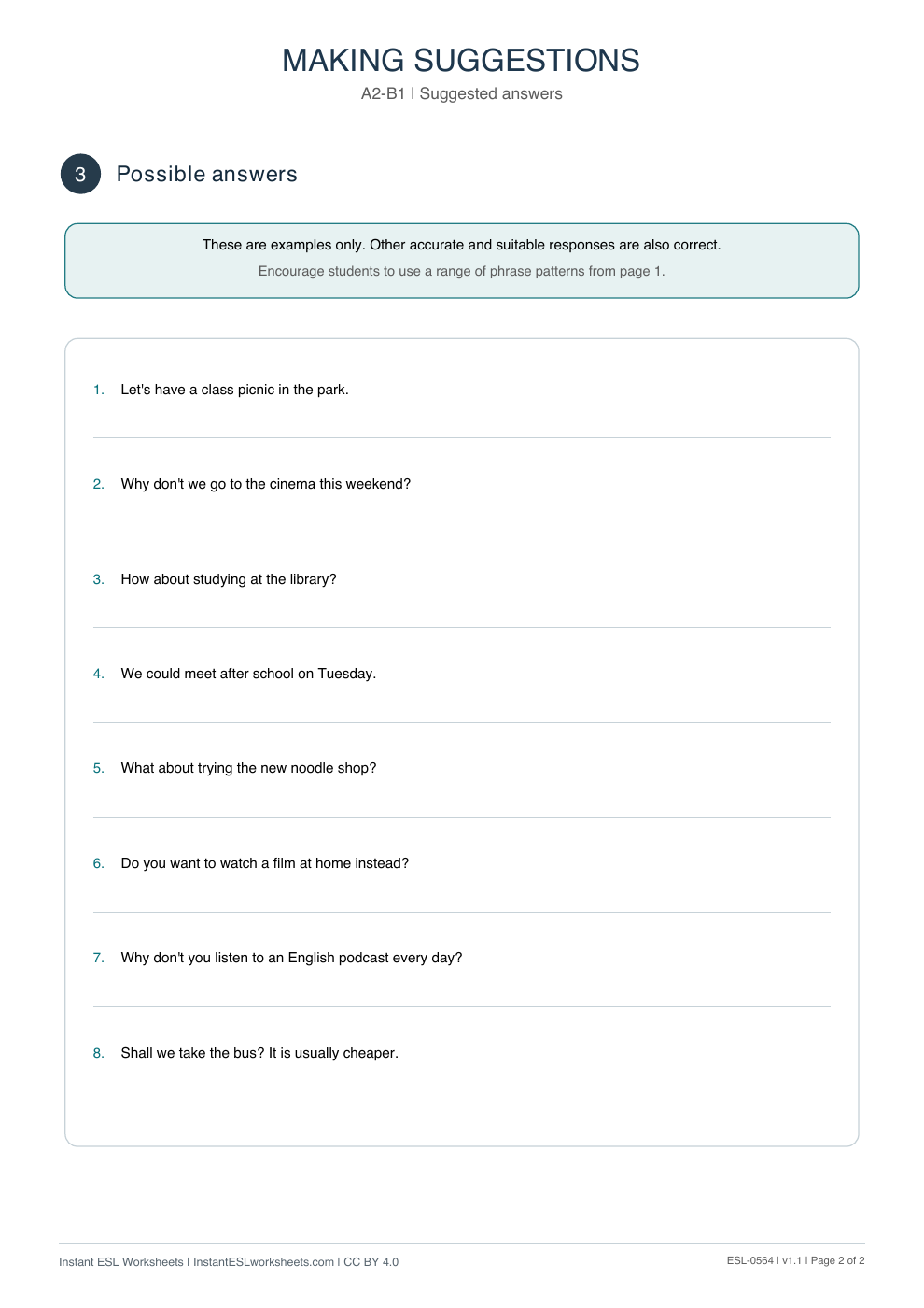 Page 2 of Making Suggestions - Functional Language - answer key