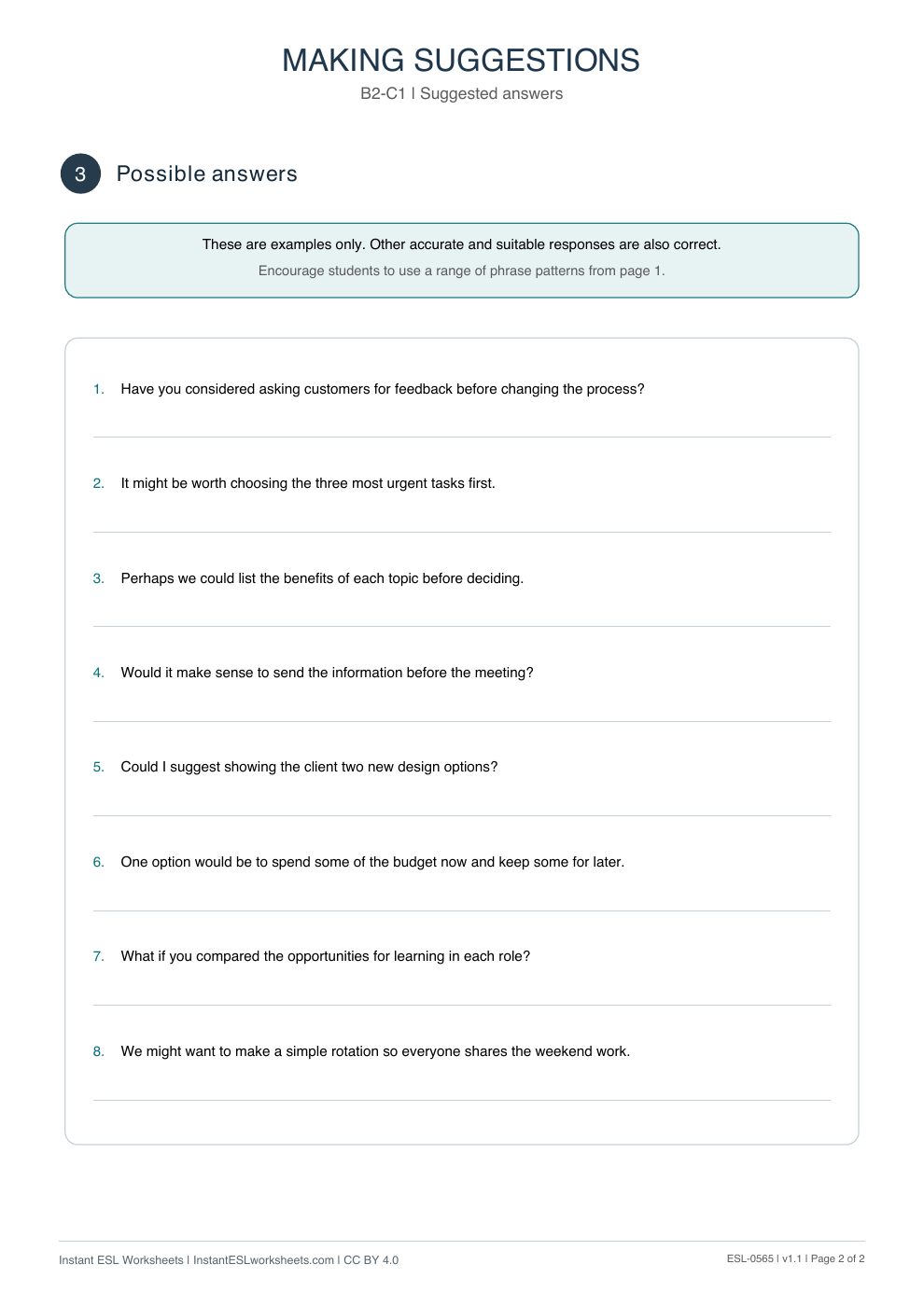 Page 2 of Making Suggestions - Functional Language - answer key