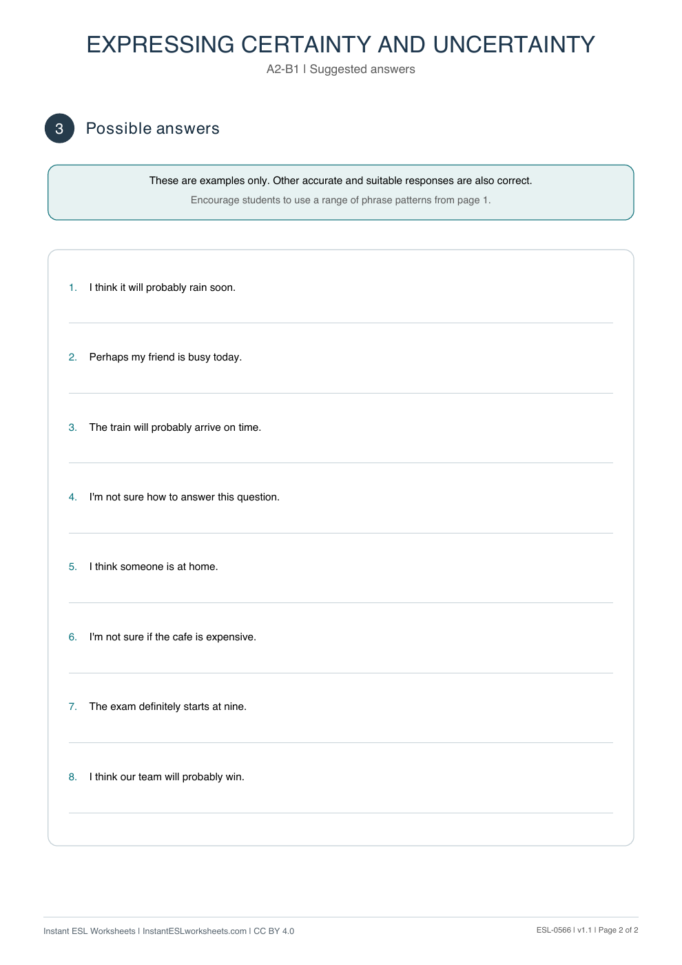 Page 2 of Expressing Certainty and Uncertainty - Functional Language - answer key