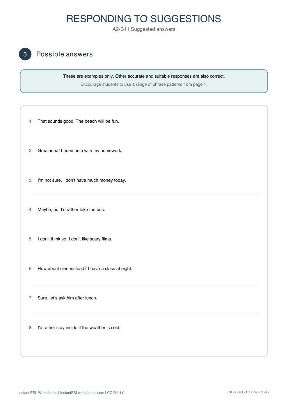 Page 2 of Responding to Suggestions - Functional Language - answer key