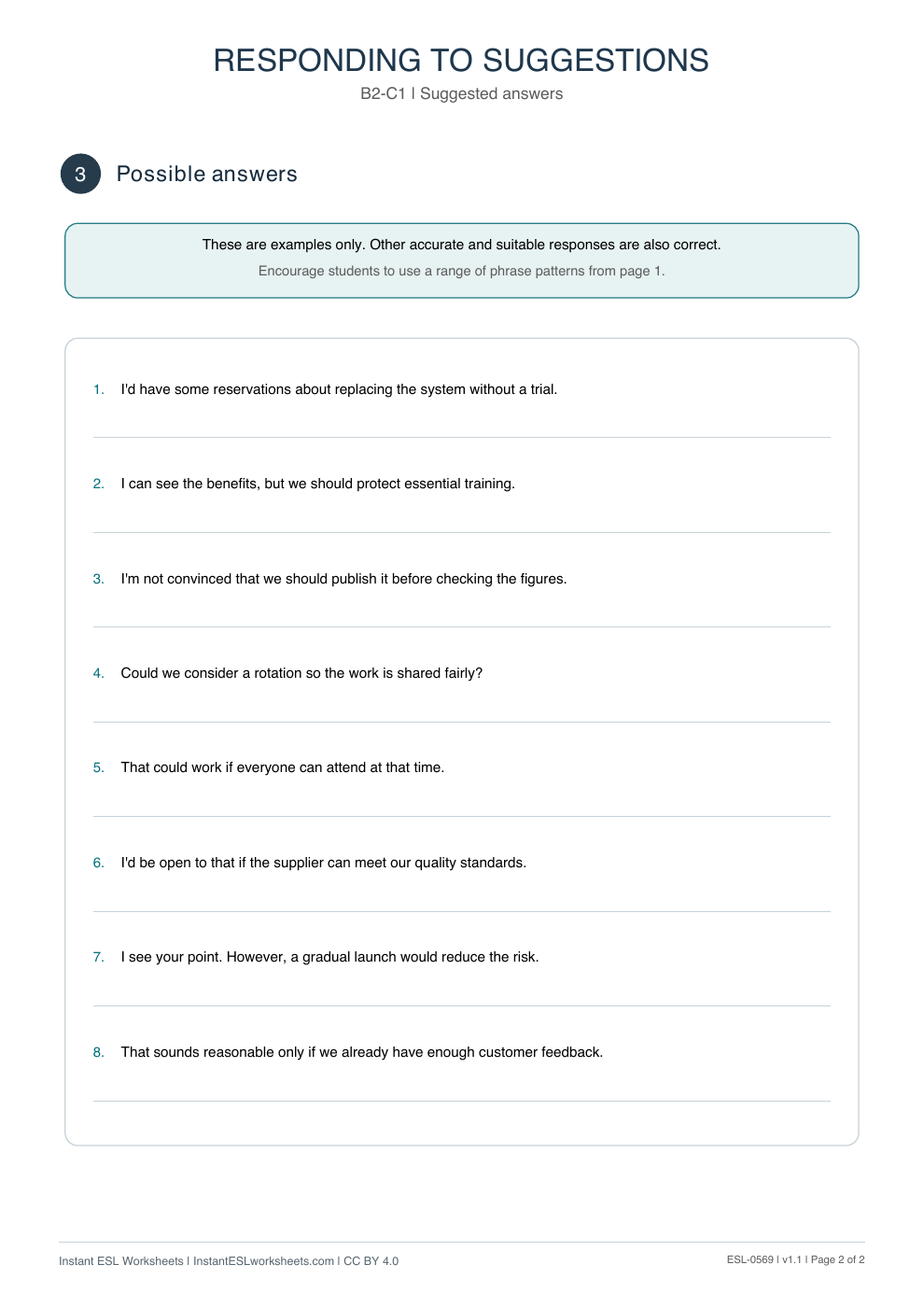 Page 2 of Responding to Suggestions - Functional Language - answer key