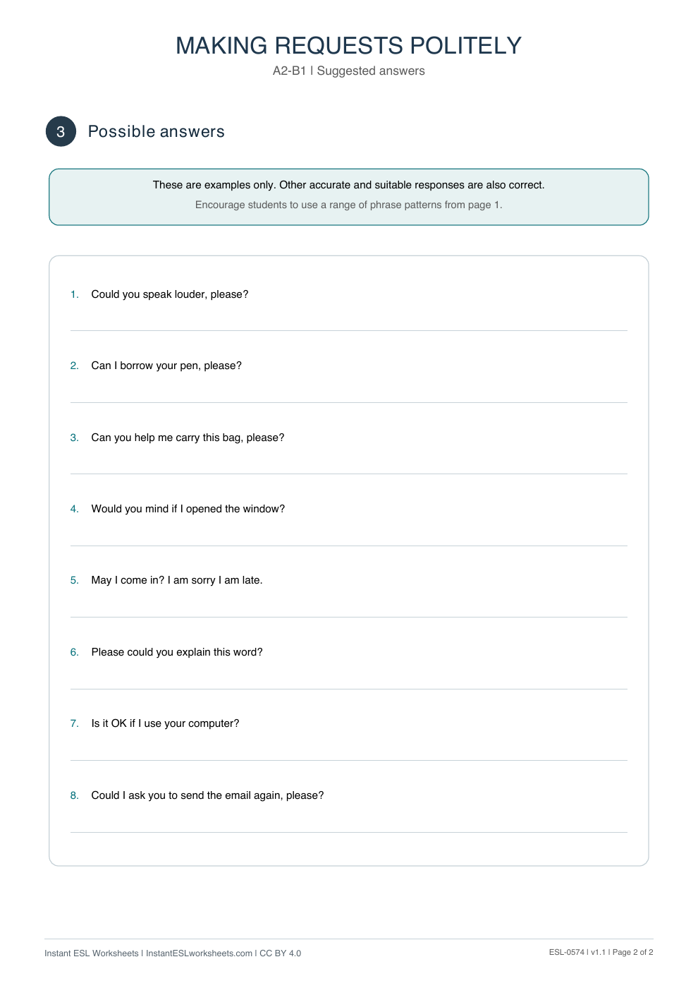 Page 2 of Making Requests Politely - Functional Language - answer key