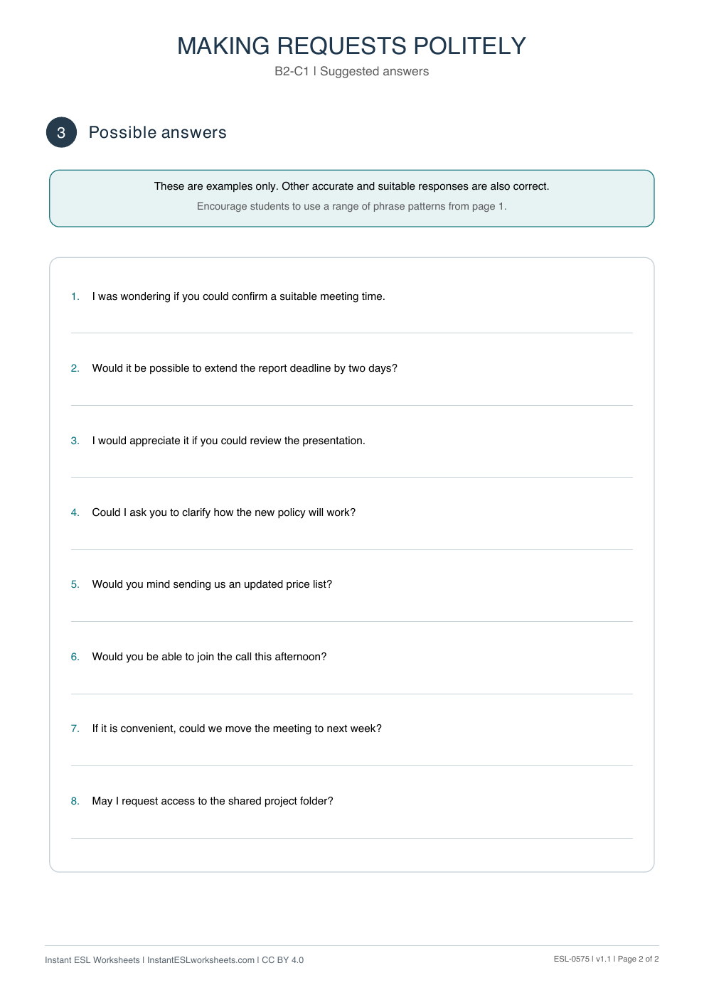 Page 2 of Making Requests Politely - Functional Language - answer key
