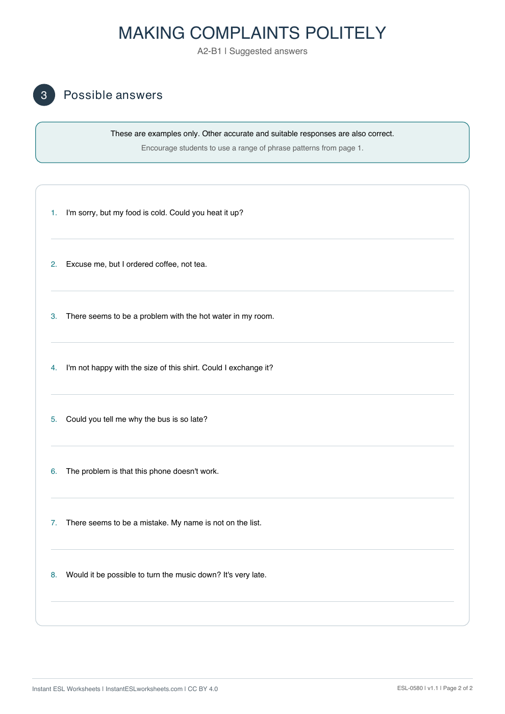 Page 2 of Making Complaints Politely - Functional Language - answer key
