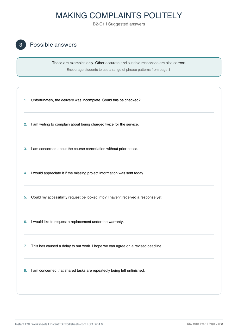 Page 2 of Making Complaints Politely - Functional Language - answer key