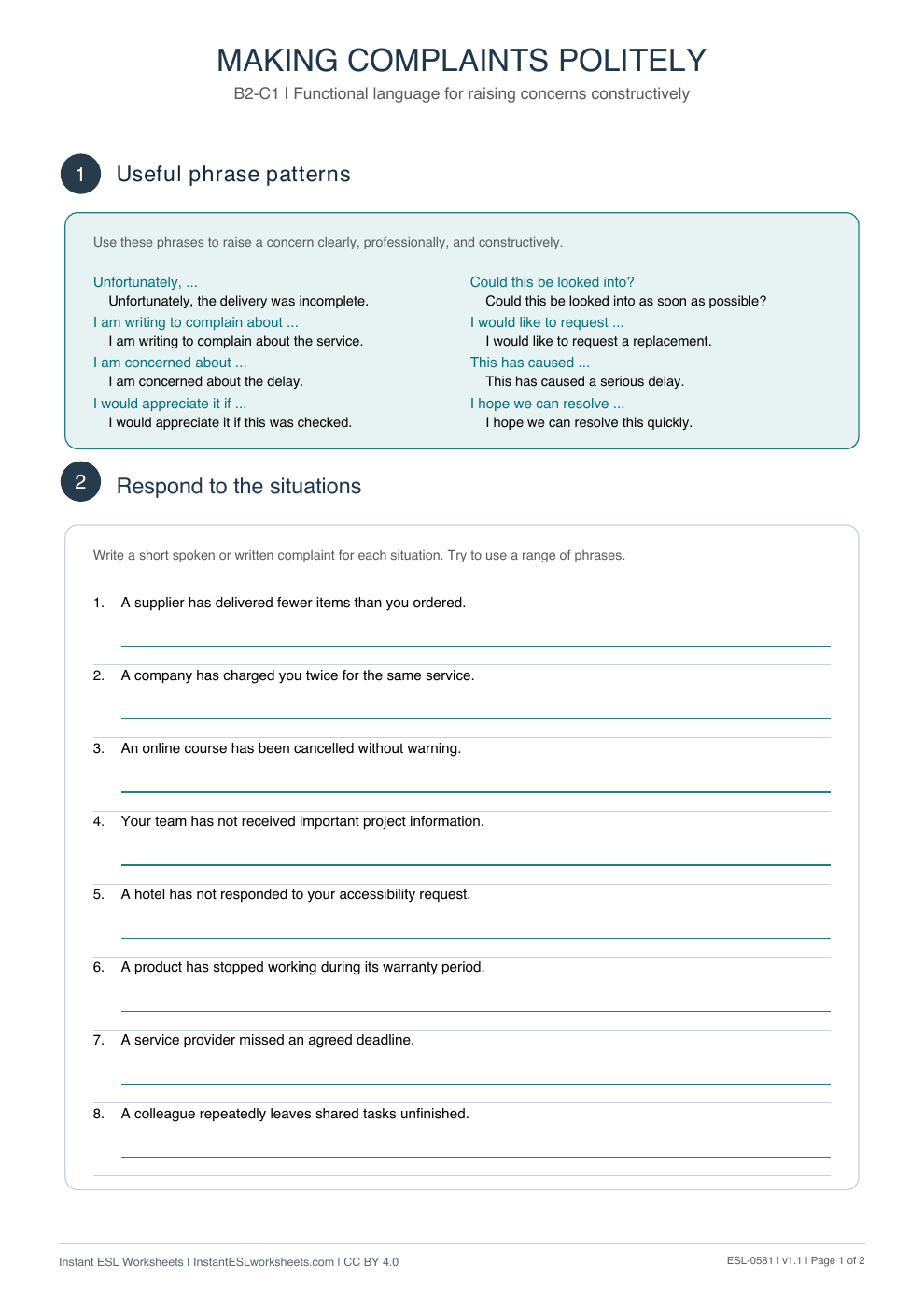 Page 1 of Making Complaints Politely - Functional Language