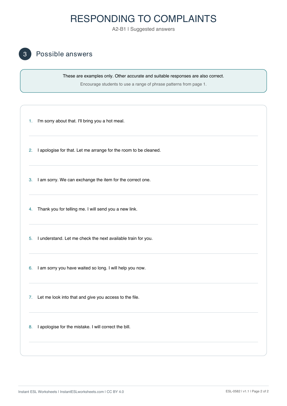 Page 2 of Responding to Complaints - Functional Language - answer key
