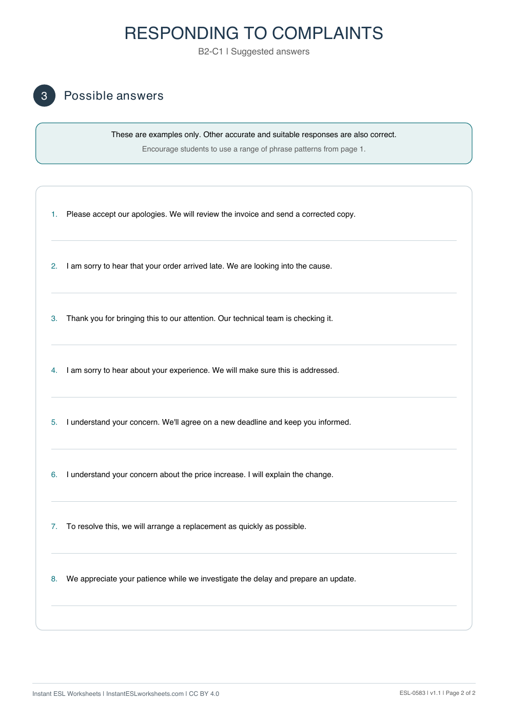 Page 2 of Responding to Complaints - Functional Language - answer key