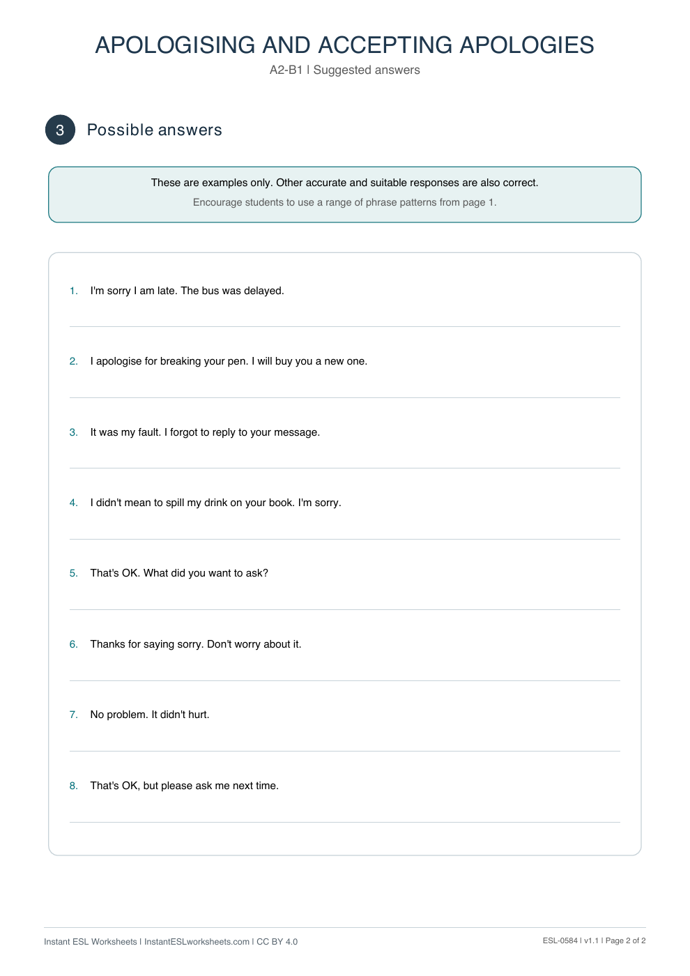 Page 2 of Apologising and Accepting Apologies - Functional Language - answer key