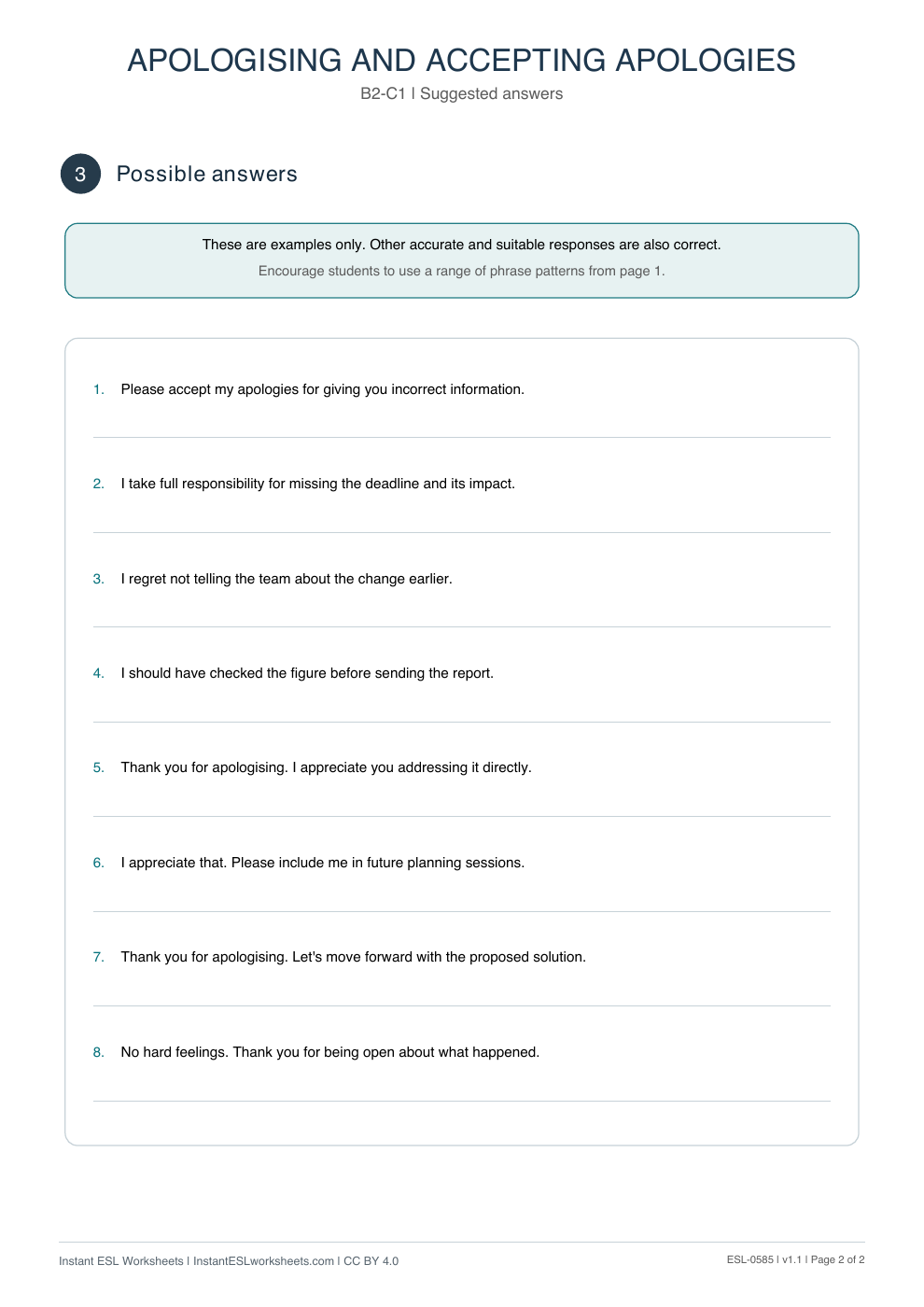 Page 2 of Apologising and Accepting Apologies - Functional Language - answer key