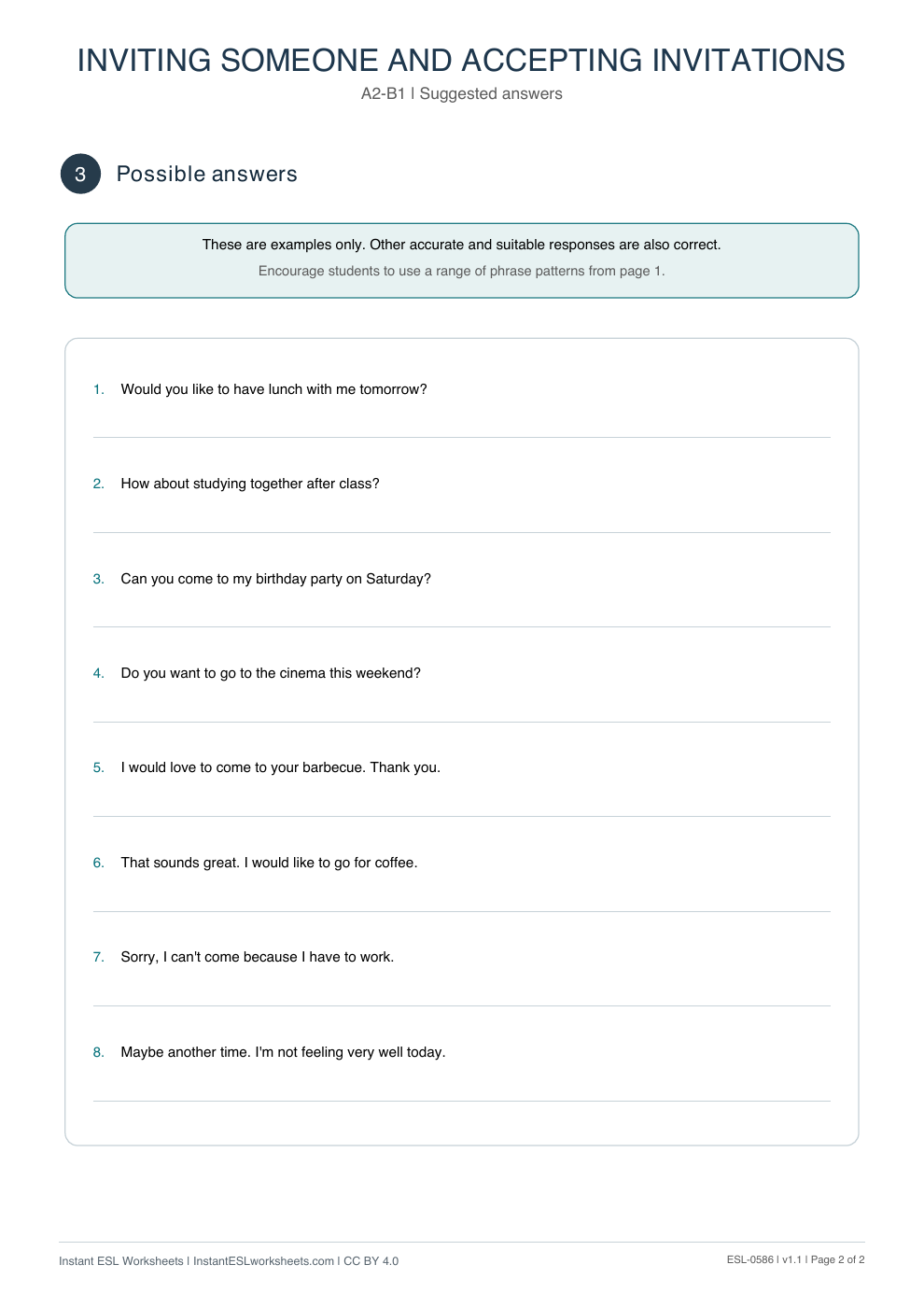 Page 2 of Inviting Someone and Accepting Invitations - Functional Language - answer key