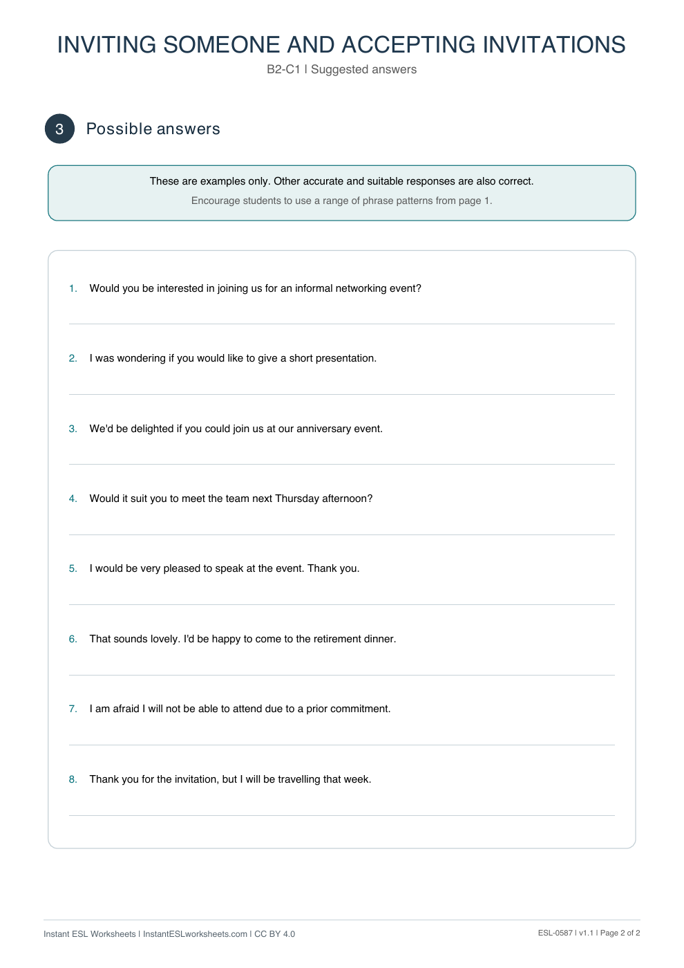 Page 2 of Inviting Someone and Accepting Invitations - Functional Language - answer key