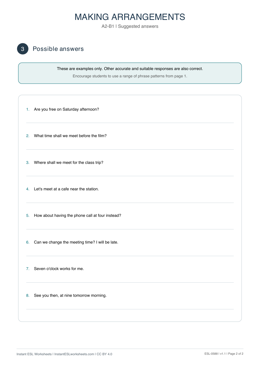 Page 2 of Making Arrangements - Functional Language - answer key