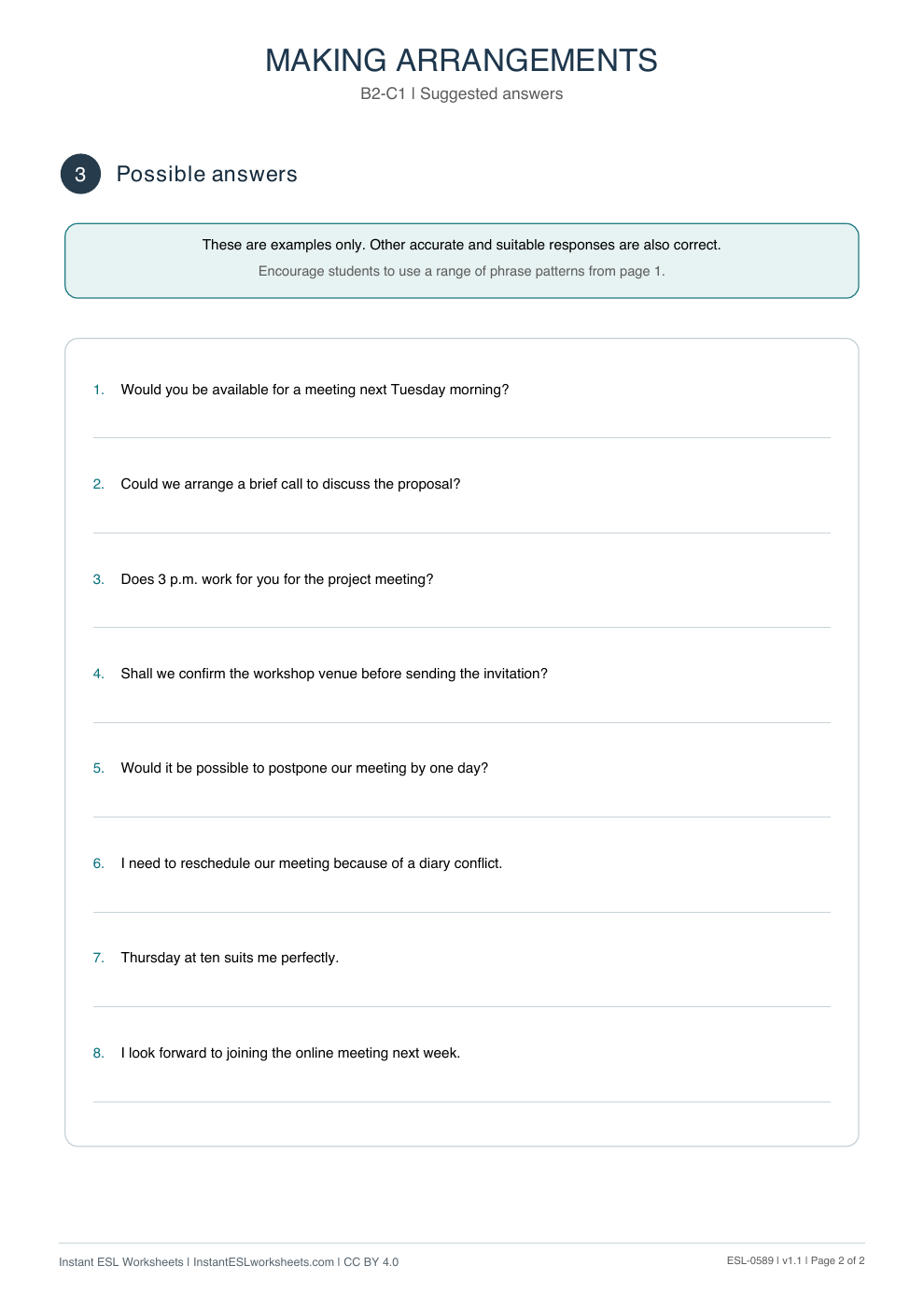 Page 2 of Making Arrangements - Functional Language - answer key