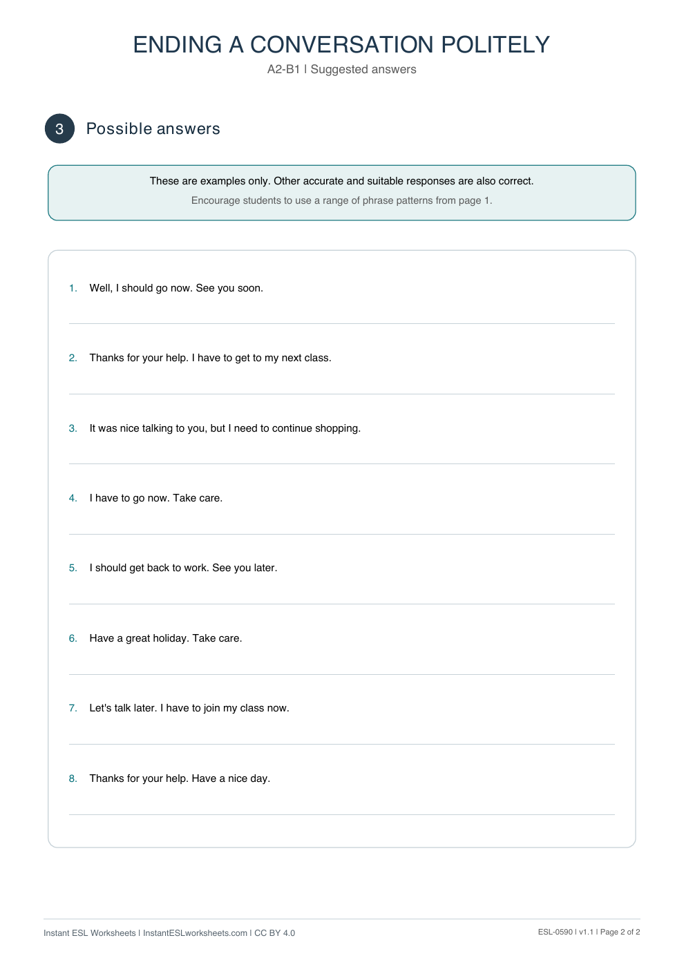 Page 2 of Ending a Conversation Politely - Functional Language - answer key