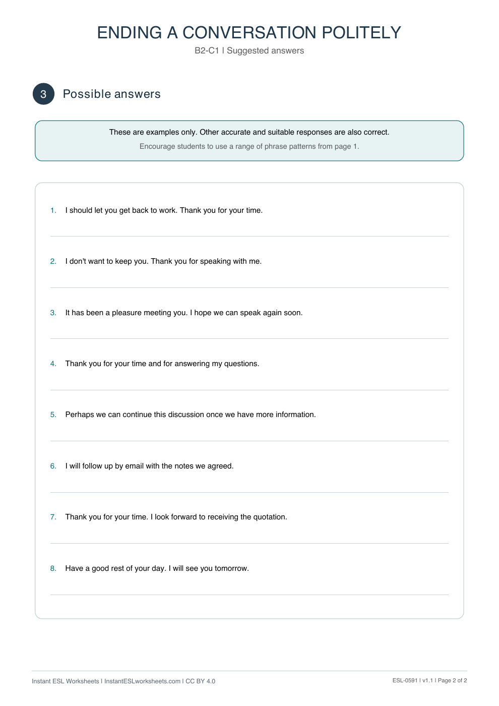 Page 2 of Ending a Conversation Politely - Functional Language - answer key